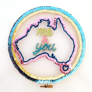 Liam Benson_Me & You_2015_glass seed and bugle beads, sequins, cotton, organza, bamboo embroidery hoop, crystal diamantes_18.5cm diameter