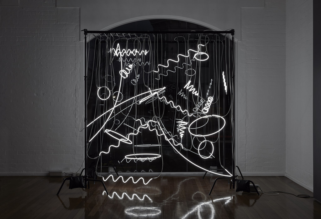 Zan Wimberley, Light as Mass, 2018, neon, c-stands, shot bags, metal, dimensions approx. 260 x 240 x 120cm. (Installation shot by Zan Wimberley)