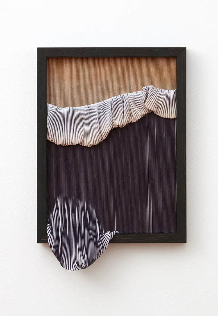 Stevie Fieldsend_hereafter i_2018_paper, pleated polyester textile on canvas, Tasmanian Oak_51 x 34 x 4cm. Photograph by Zan Wimberley.
