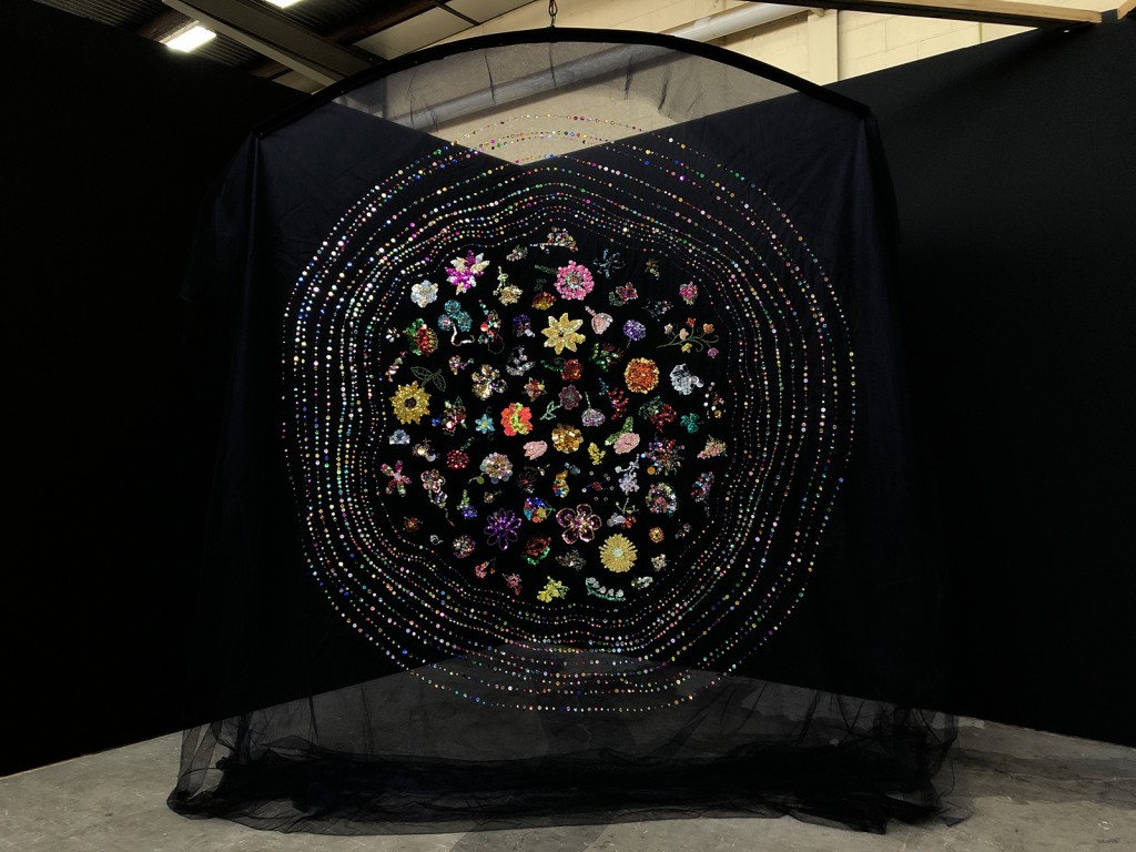Community Participatory Embroidery Facilitated by Liam Benson_'Thoughts and Prayers'_2015 - 2018_Glass and acrylic seed beads, bugle beads, sequins, cotton, tulle_280cm x 300cm.