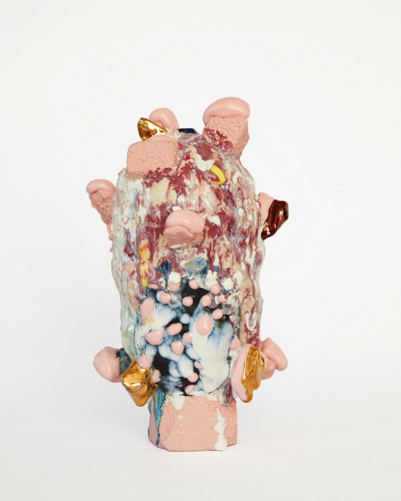pastel pink vessel with gold chunks & pink melt, 2020, Stoneware, porcelian, glaze, gold lustre, 27x17x17